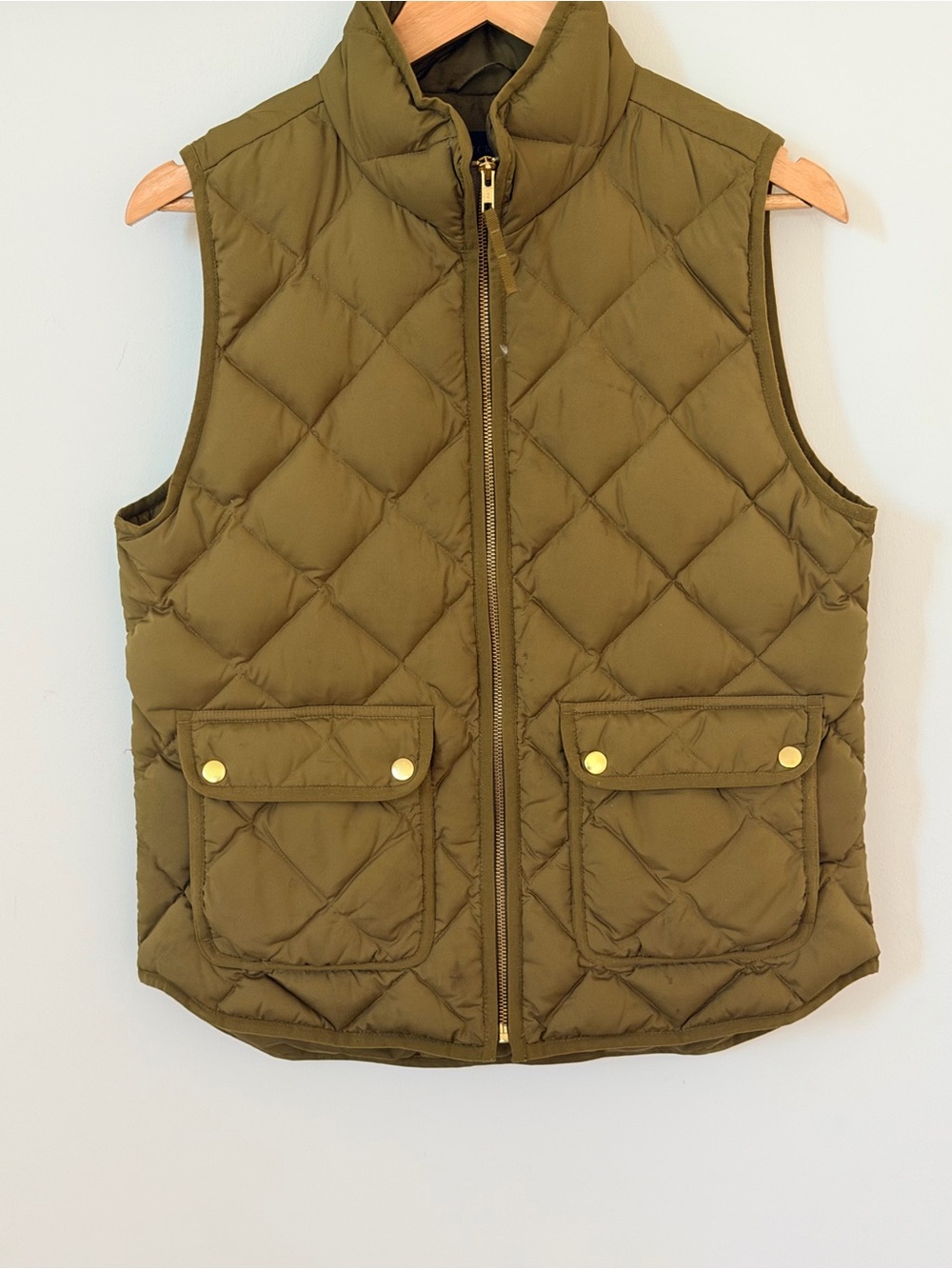 J.Crew Quilted Down Puffer Vest Olive Green Gold Hardware M